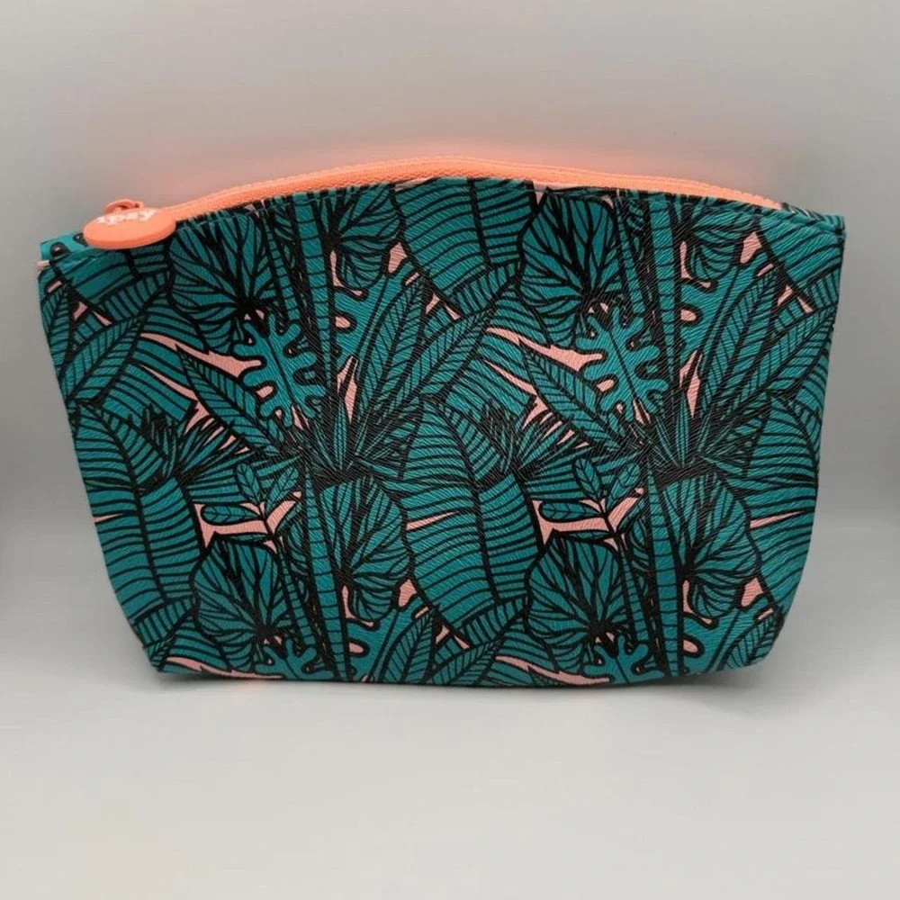 IPSY Tropical Palm Leaf Makeup Bag Teal Coral Cosmetic Travel Pouch